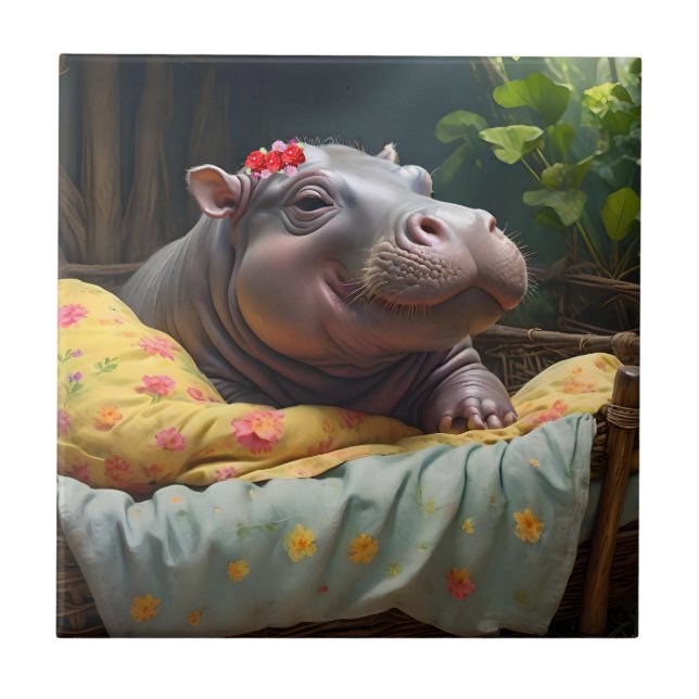 "Morning Snuggles: Baby Hippo Wakes in Basket, Tile (Front)