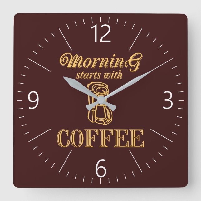 Morning starts with coffee square wall clock (Front)