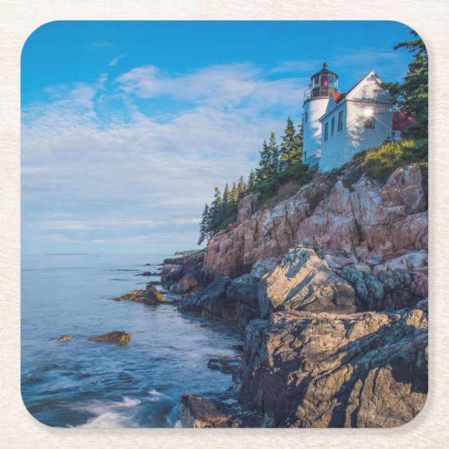 Morning Sun At Bass Harbour Lighthouse Square Paper Coaster (Front)