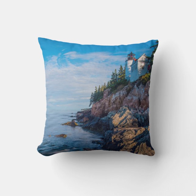 Morning Sun At Bass Harbour Lighthouse Throw Pillow (Front)