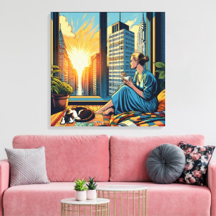 Morning Time in the City   Woman Reflecting Canvas Print