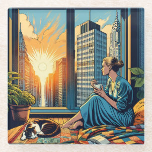 Morning Time in the City Woman Reflecting Glass Coaster