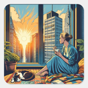 Morning Time in the City   Woman Reflecting Square Sticker