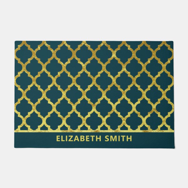 Moroccan Arabesque Gold and Blue Doormat (Front)