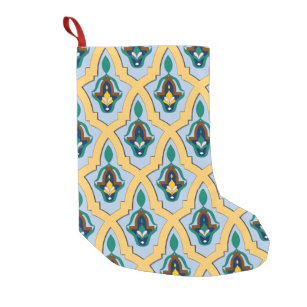 Moroccan Arabic tracery pattern in blue and yellow Small Christmas Stocking