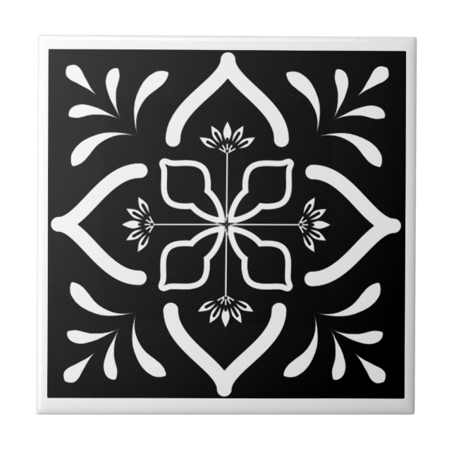 Moroccan Black and White Flower Tile (Front)