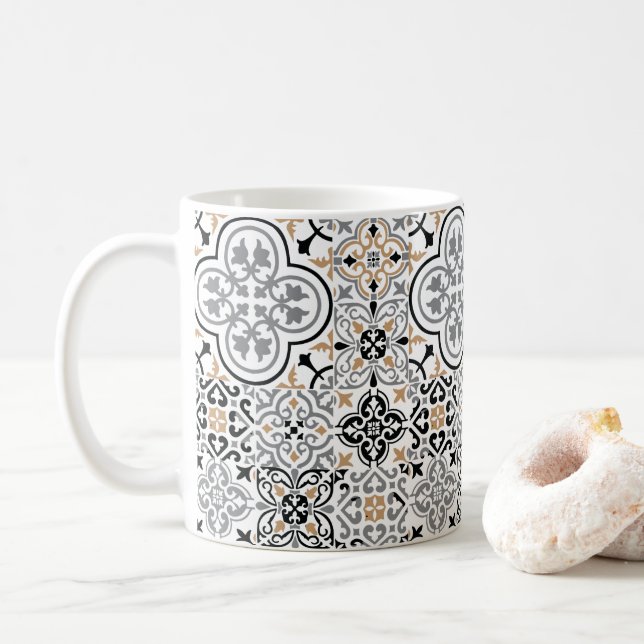 Moroccan black tile pattern mug (With Donut)