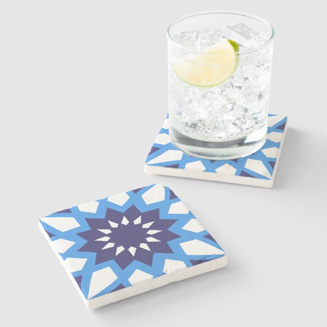Moroccan Blue And White Pattern Stone Coaster (Side)