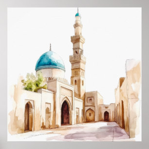 Moroccan Blue Dome and Minaret Watercolor Wall Art