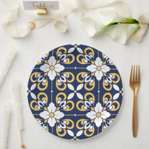 Moroccan blue gold geometric decorative tile paper plate
