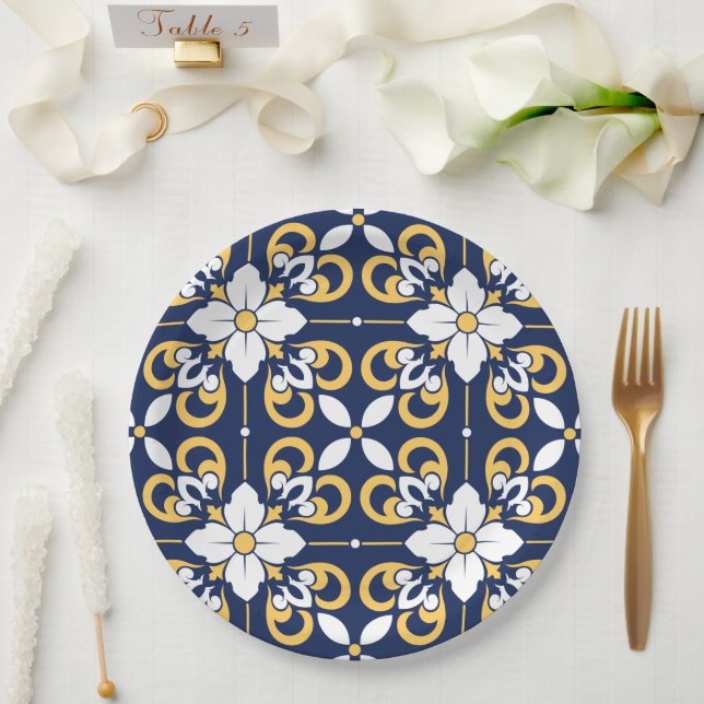Moroccan blue gold geometric decorative tile paper plate (Wedding)