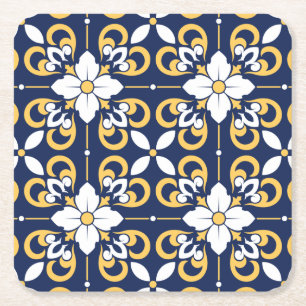 Moroccan blue gold geometric decorative tile square paper coaster