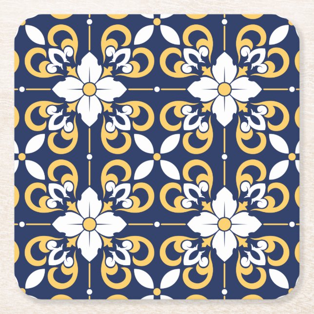 Moroccan blue gold geometric decorative tile square paper coaster (Front)