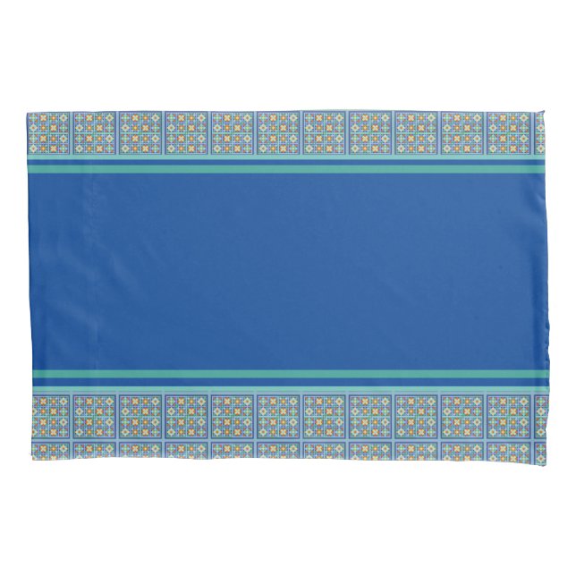 Moroccan blue green terracotta tiled design pillowcase (Front)