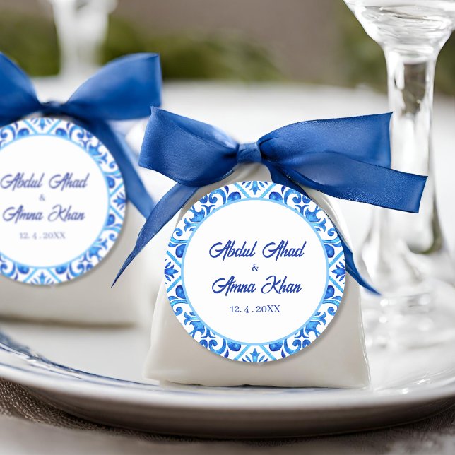 Moroccan Blue Pattern Islamic Muslim Wedding Classic Round Sticker (Creator Uploaded)