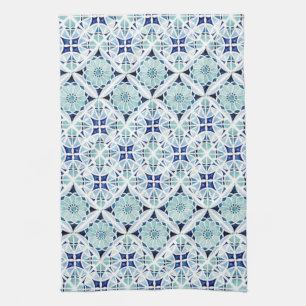Moroccan blue tile pattern watercolor kitchen towel