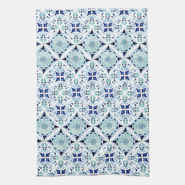 Moroccan blue tile pattern watercolor kitchen towel (Vertical)