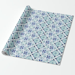 Moroccan blue tile pattern watercolor wrapping paper