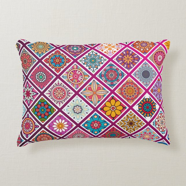 Moroccan Bohemian Mandala Tiles Accent Pillow (Front)