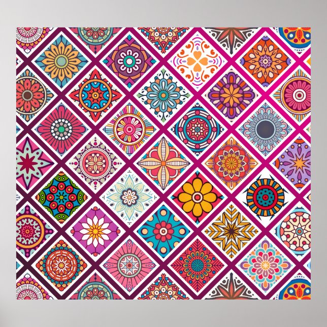 Moroccan Bohemian Mandala Tiles Poster (Front)