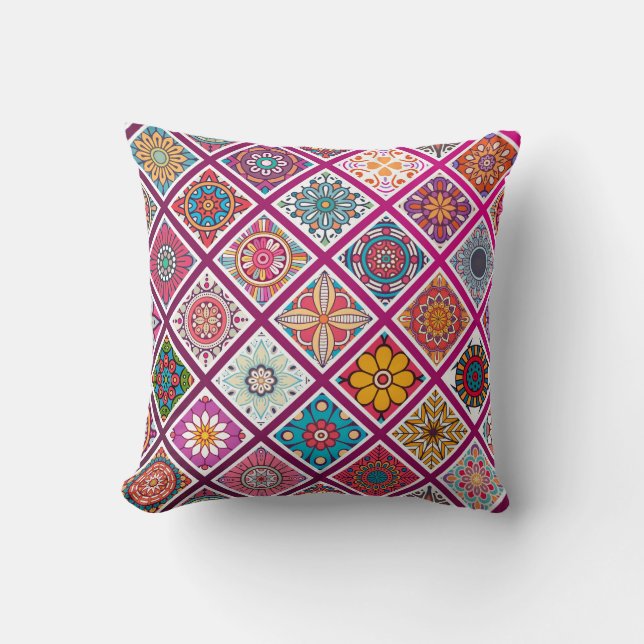 Moroccan Bohemian Mandala Tiles Throw Pillow (Front)