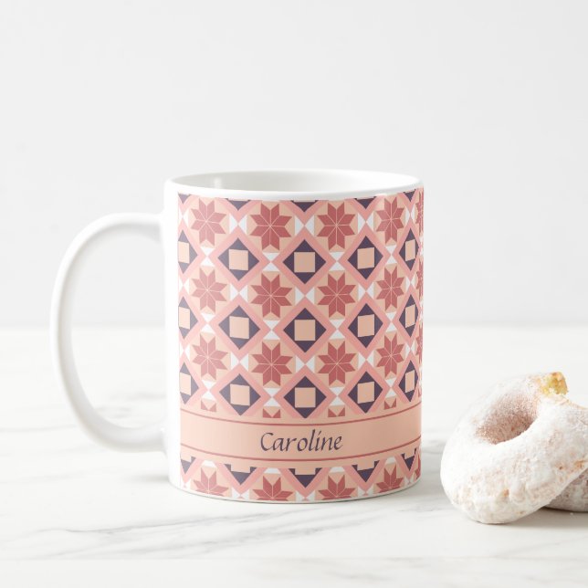 Moroccan Bohemian Pink Flowers Pattern Add Name Coffee Mug (With Donut)