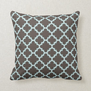 Moroccan Clover Quatrefoil Brown Blue White Throw Pillow