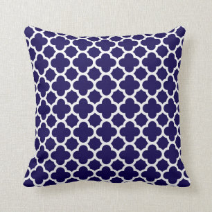Moroccan Clover Quatrefoil in Cobalt Blue White Throw Pillow