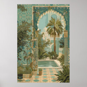 Moroccan Courtyard Art Print Islamic Garden, Teal
