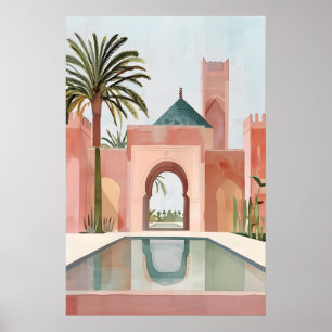 Moroccan Courtyard Art Print Pink Poolside Palm