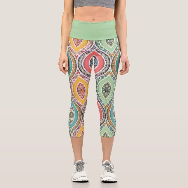 Moroccan ethnic pattern colourful funky art capri leggings (Front)