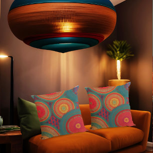 Moroccan exotic red orange blue green circle  throw pillow