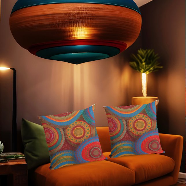 Moroccan exotic rustic red orange blue green throw pillow (Creator Uploaded)