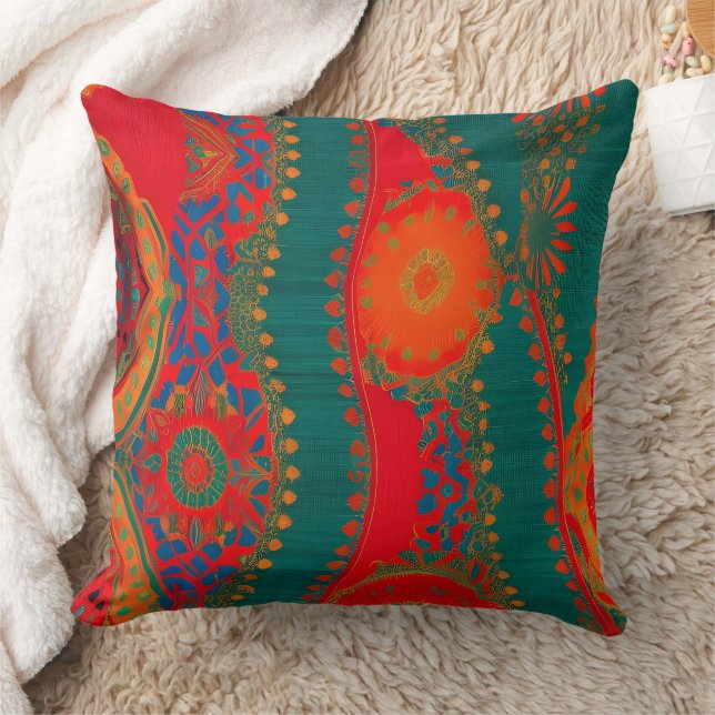 Moroccan fabric exotic red orange blue teal gold 2 throw pillow (Blanket)