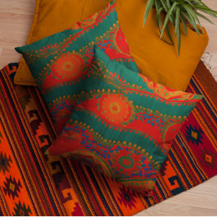 Moroccan fabric exotic red orange blue teal gold throw pillow