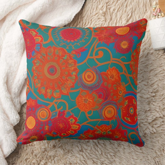 Moroccan fabric exotic red orange blue teal  throw pillow (Blanket)