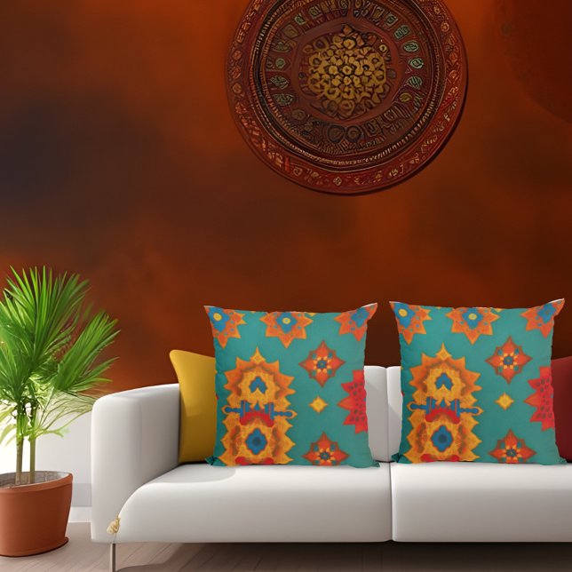 Moroccan fabric exotic red orange teal green L Throw Pillow (Creator Uploaded)