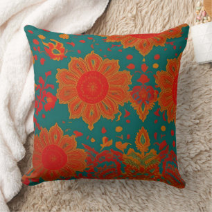 Moroccan fabric exotic red orange teal green O Throw Pillow