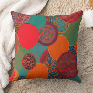 Moroccan fabric exotic red orange teal green P Throw Pillow