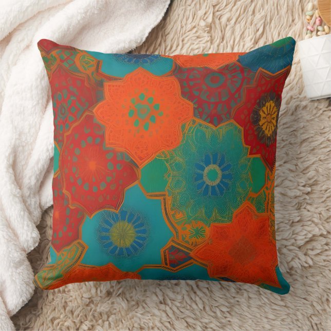 Moroccan fabric exotic red orange teal green Q Throw Pillow (Blanket)