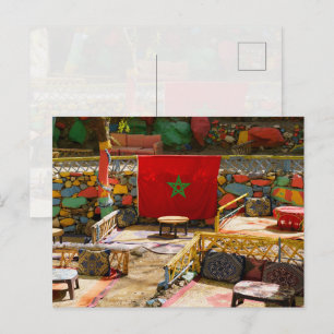 Moroccan flag and colourful outdoor cafe, travel postcard