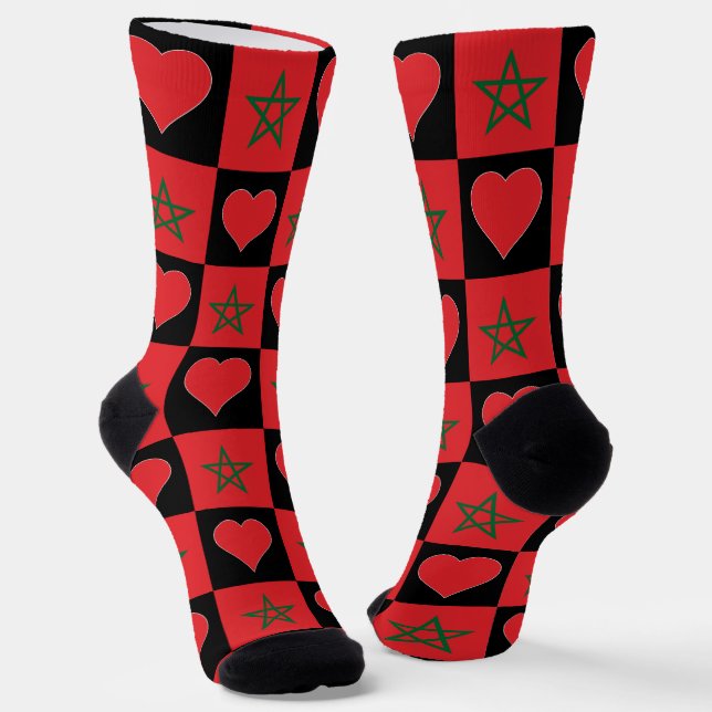 Moroccan Flag Heart Pattern Morocco National Pride Socks (Angled)