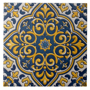 Moroccan Floral Arabesque Blue Yellow Pattern Tile