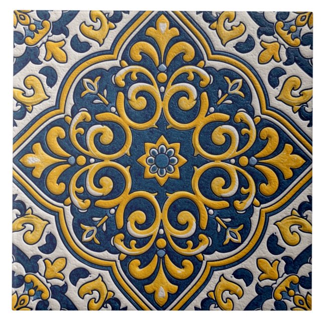 Moroccan Floral Arabesque Blue Yellow Pattern Tile (Front)
