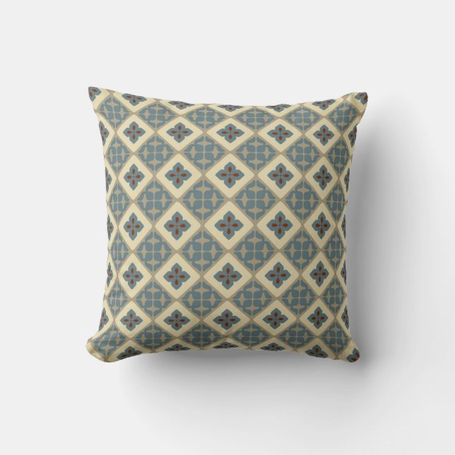 Moroccan Floral Tile Pattern Blue Tan Red Throw Pillow (Front)