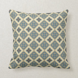 Moroccan Floral Tile Pattern Blue Tan Red Throw Pillow