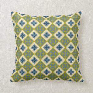 Moroccan Floral Tile Pattern Chartreuse Green Blue Throw Pillow