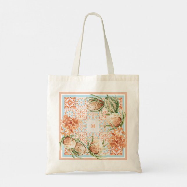 Moroccan Floral Tile Tote Bag | Coral & Sage Print (Back)