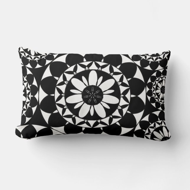 Moroccan Flower Tile Design Black and White Lumbar Pillow (Front)