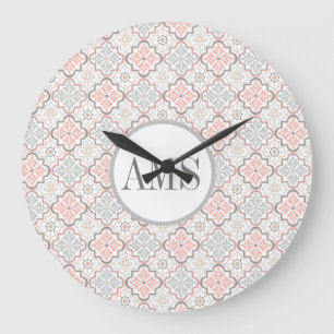 Moroccan Flowers Pattern Monogram   Large Clock